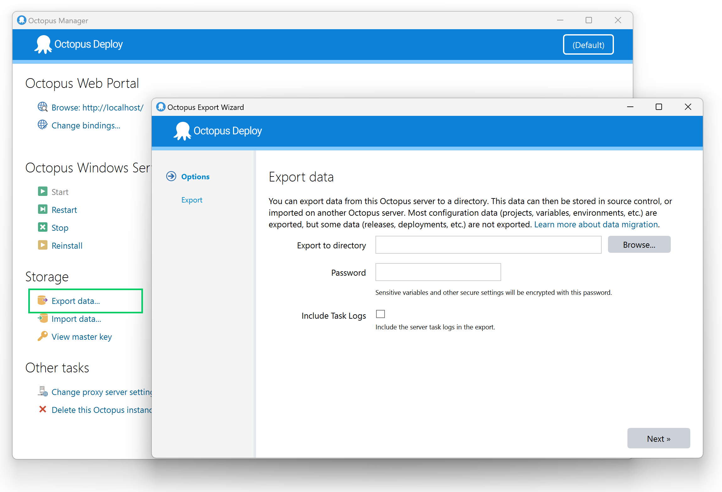 The Octopus Export Wizard is accessed via the Octopus Manager, Export data… option