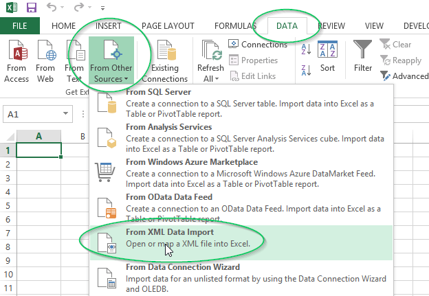 The From XML Data Import option under From Other Sources on the Excel Data ribbon