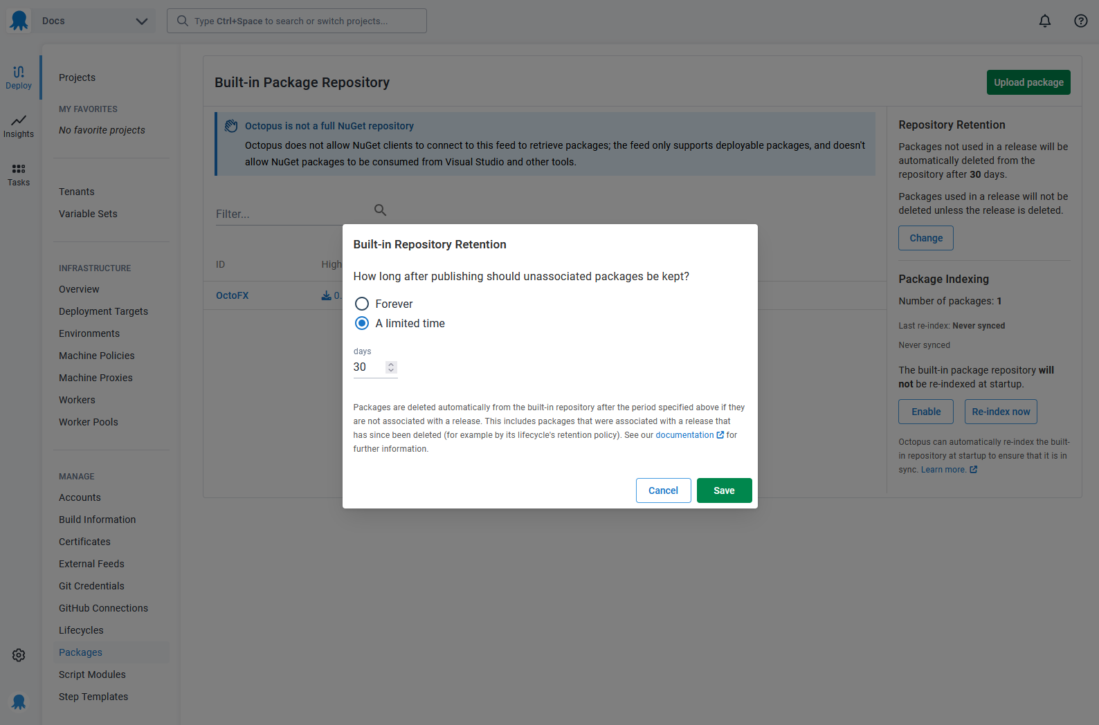 Retention policy settings for the built-in Octopus package repository