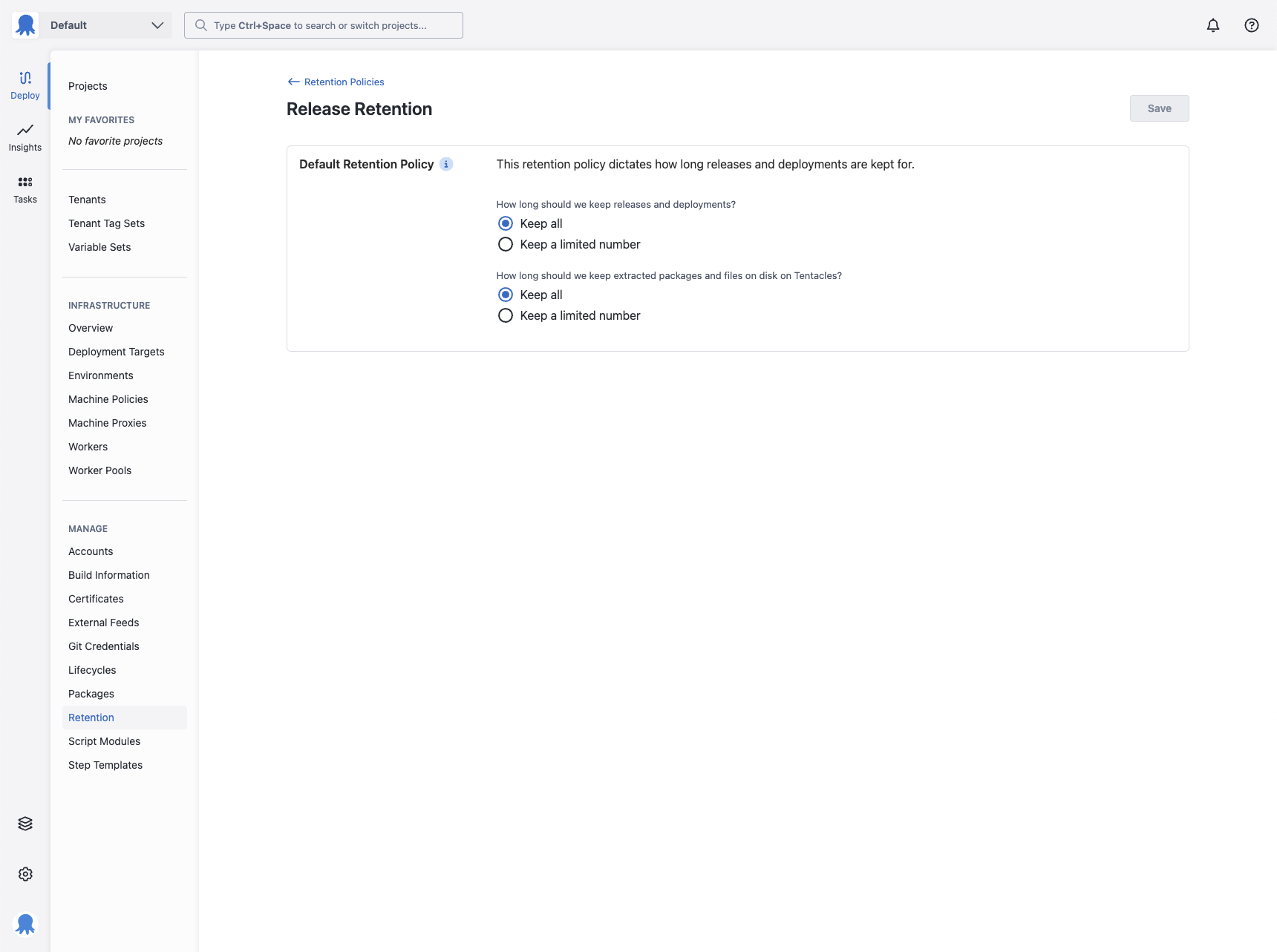 The default release retention settings for a space