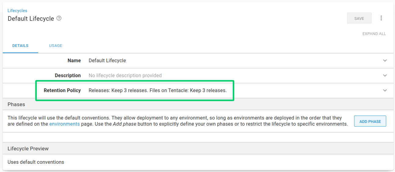 A lifecycle phase set to keep three releases on both the Octopus Server and the Tentacle
