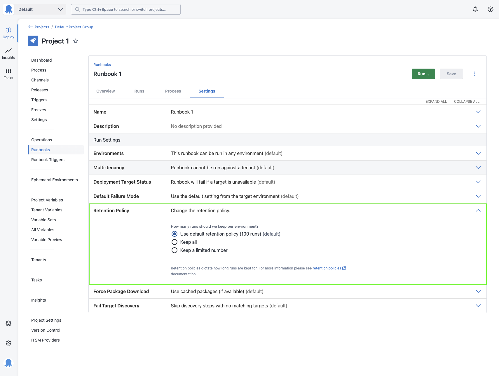 The retention policy settings for a runbook