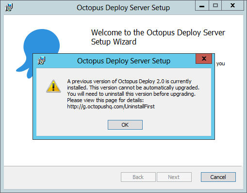The installer message reporting that the existing version cannot be upgraded automatically