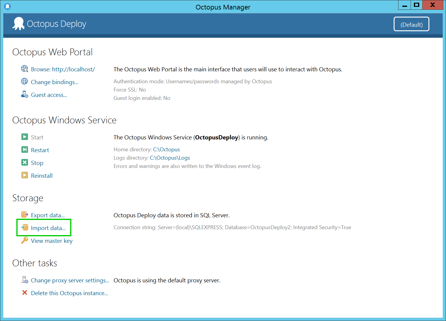 The import option in the Octopus Manager