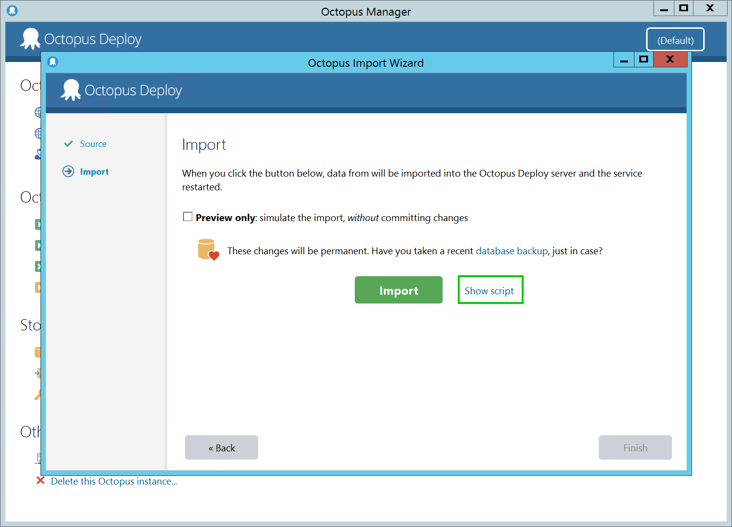 The Show Script feature for running the migration from a console