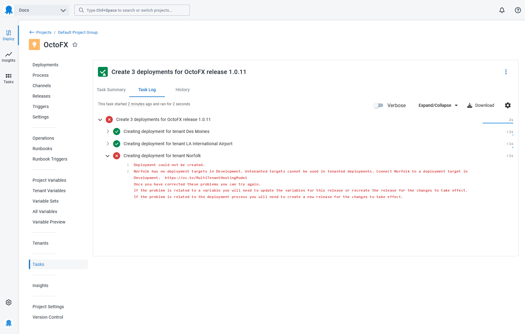 The Re-run button on a bulk deployment server task with failed deployments