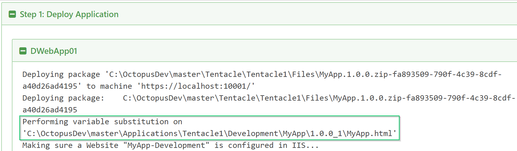 The deployment log showing variable substitution in MyApp.html