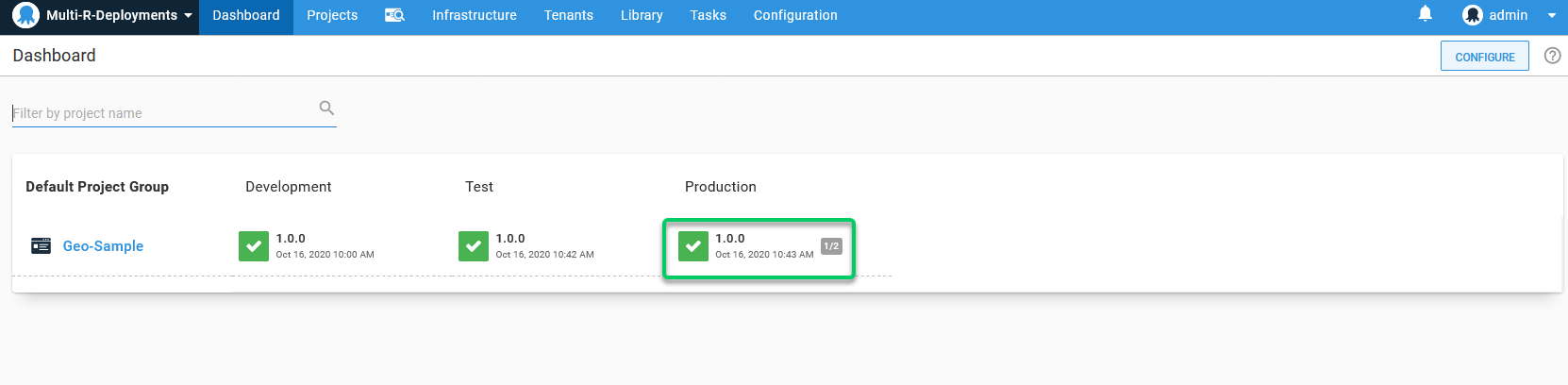 The main dashboard showing deployment progress across production regions