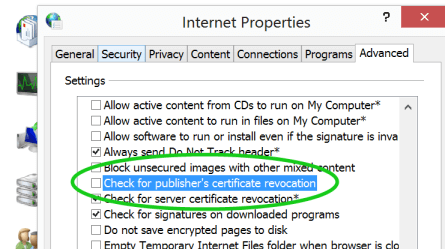 The Check for publisher’s certificate revocation option in Internet Options