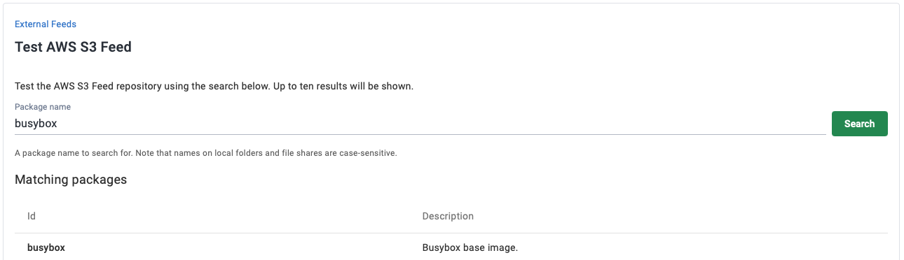 Searching for packages on the S3 feed test page