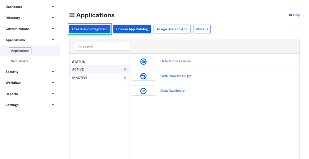 The Create App Integration button on the Okta Applications tab