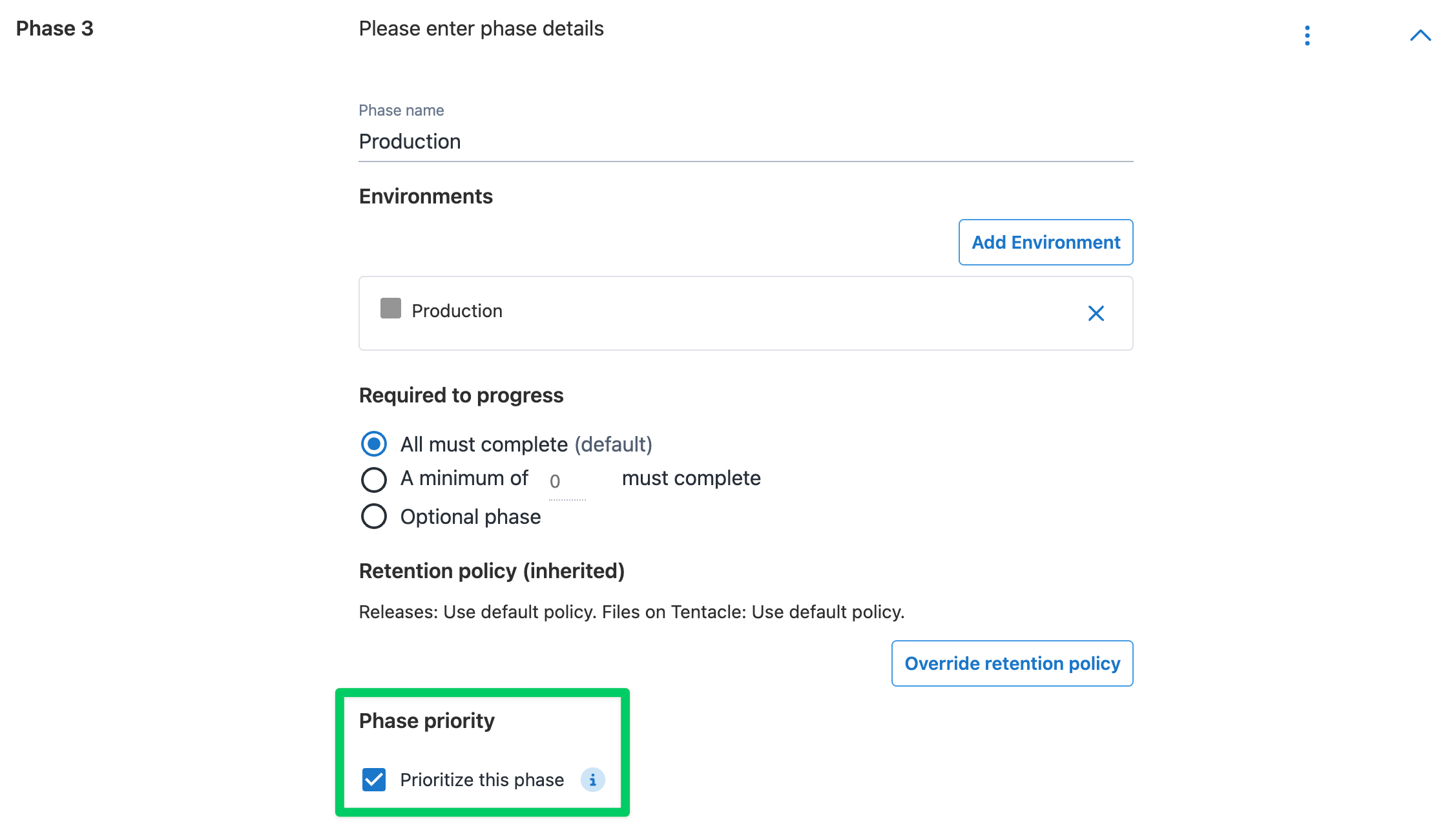 Lifecycle configuration page showing the selected ‘Prioritize this phase’ checkbox.