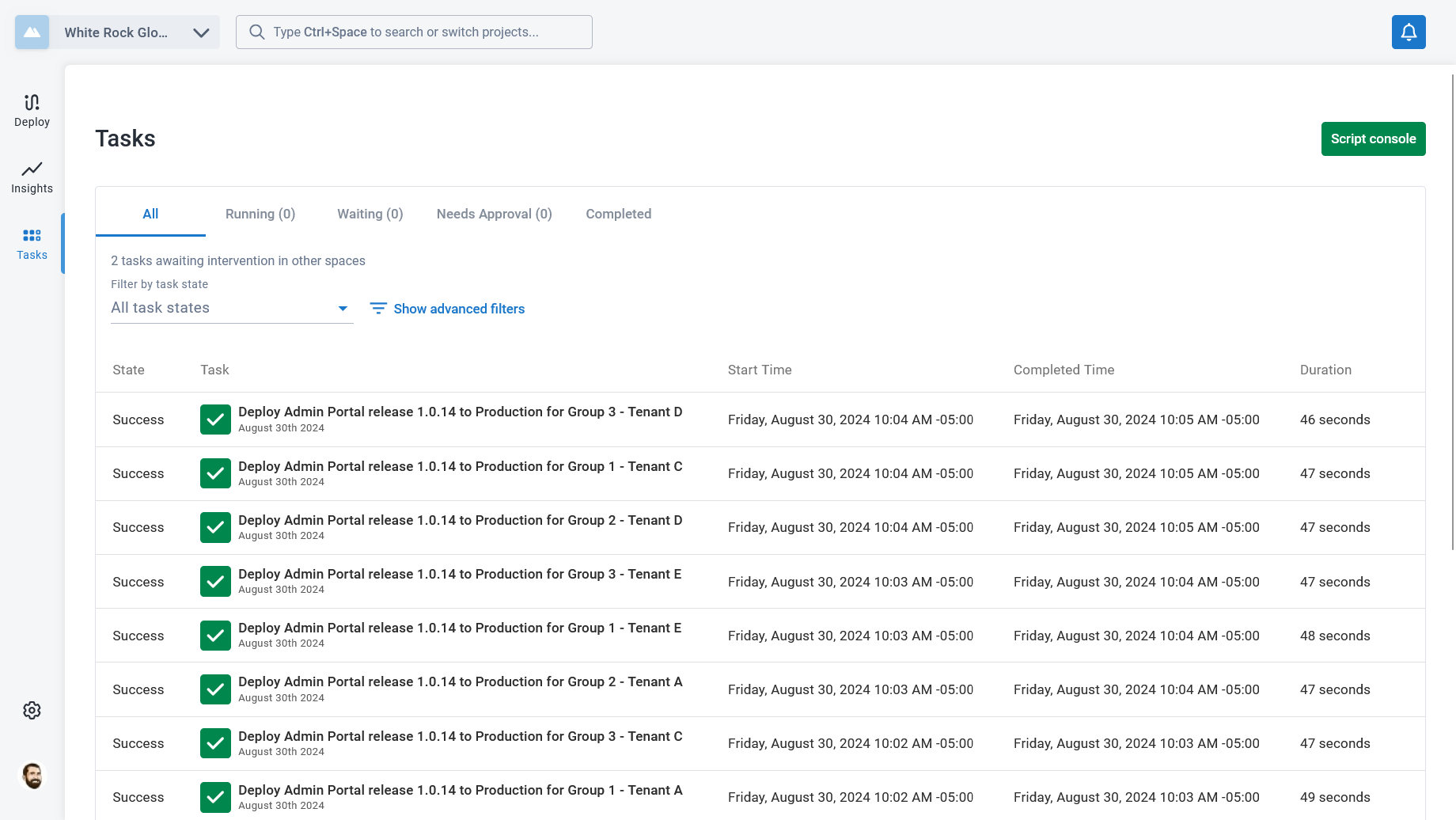 Completed deployments, each taking about 45 seconds