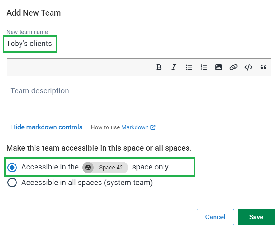 Creating a team called Toby’s clients