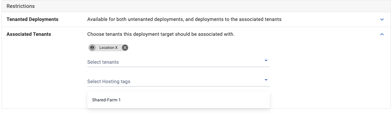 A deployment target filtered to the Shared-Farm-1 tag
