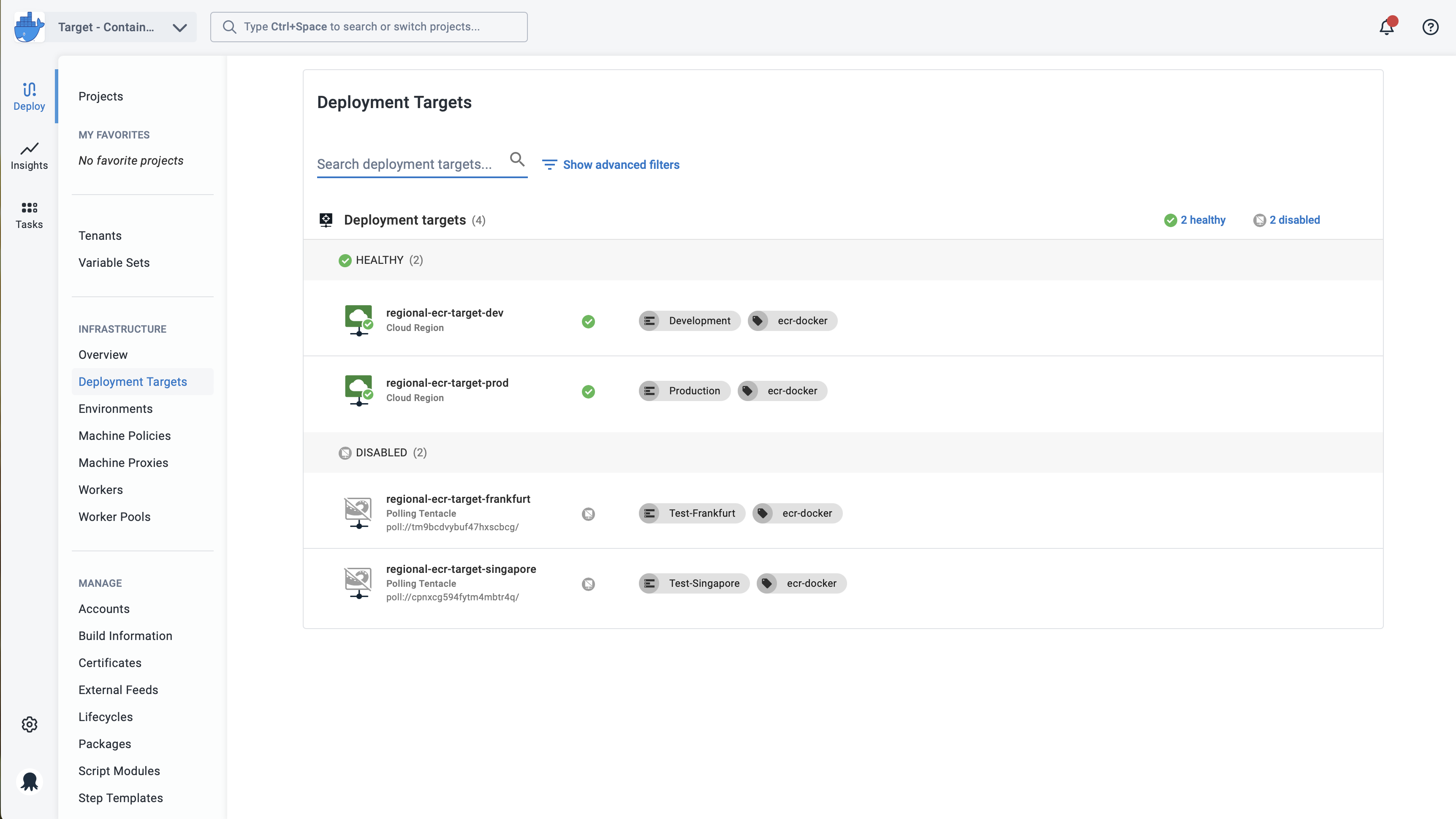 The Deployment Targets page in the main navigation