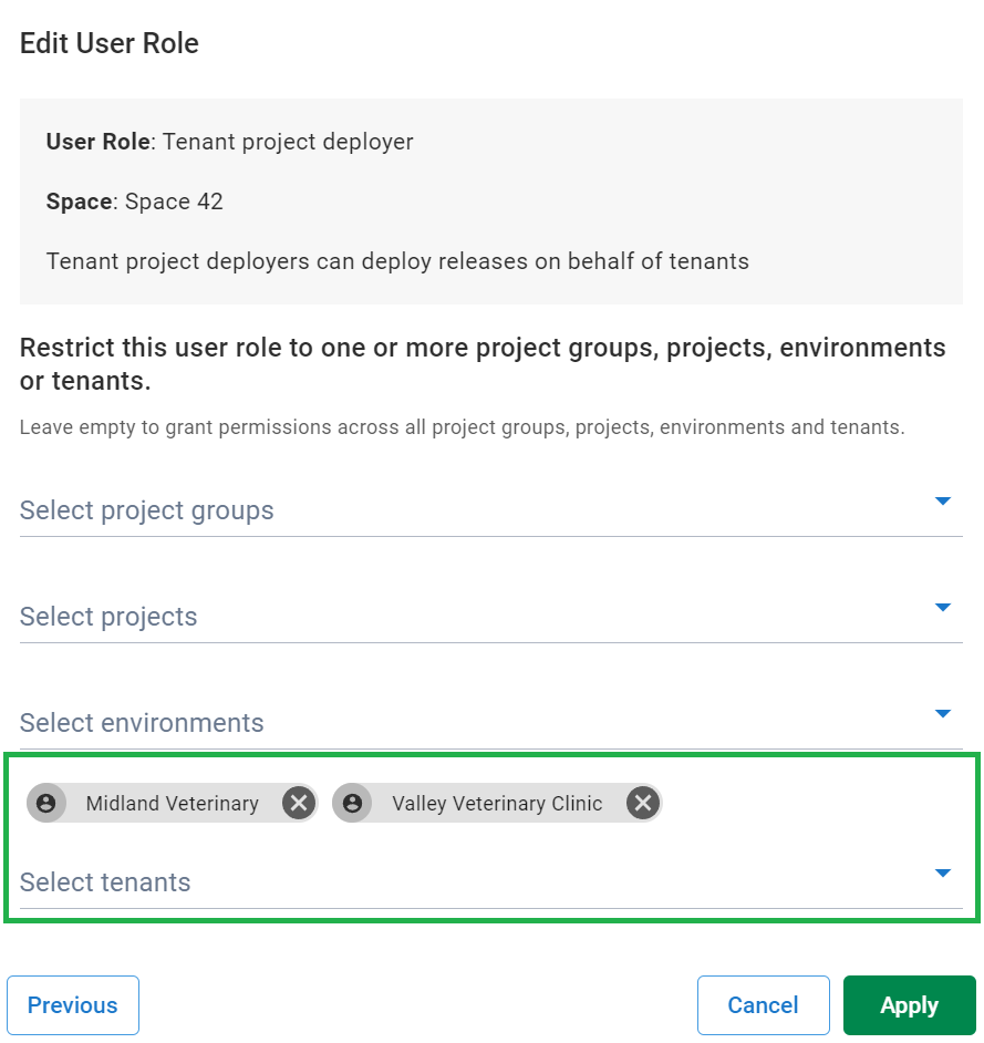 A user role scoped to the selected tenants